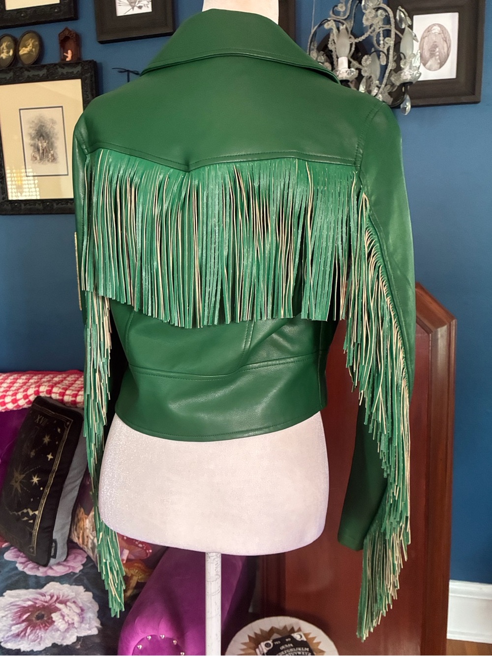 Nasty Gal Emerald Green Leather Fringe Biker Moto Jacket MEDIUM